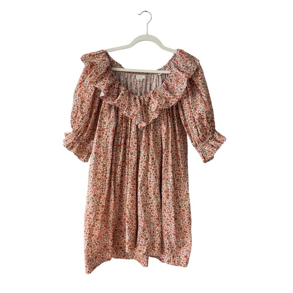 DÔEN Liberty Fabric Chime Floral Mini Dress Size M in Coral Poppy Boho Ruffles - Picture 4 of 13